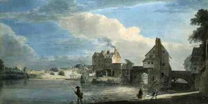Den gamle bro ved Shrewsbury (akvarel på papir) af Paul Sandby