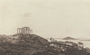Udsigt i Levanten: ruineret tempel på bakken ved Suninum med udsigt over øerne af Paul Sandby