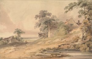 Landskab med Bondehus, Figurer og Dam