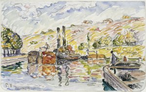 Flodlandskab med slæbebåde og pramme af Paul Signac
