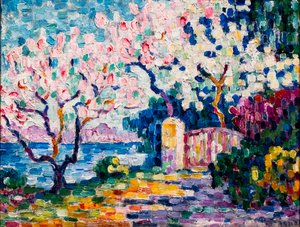 Lyserøde mandeltræer i blomst af Paul Signac