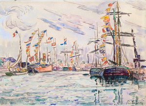 Sejlbåde med ferieflag ved en mole i Saint-Malo, 1920