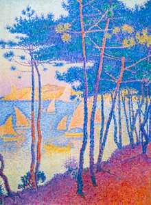 Sejlbåde og fyrretræer, ca. 1896 (olie på lærred) af Paul Signac