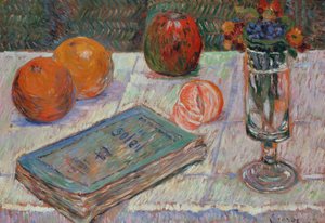 Stilleben med en bog og appelsiner af Paul Signac