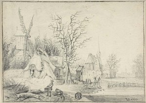 Landsby med vindmølle og kirke af Paul Theodor van Brussel