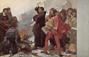Martin Luther brændte den pavelige tyr og truede ham med ekskommunikation foran Elstertor i Wittenberg, Tyskland, 10. december 1520