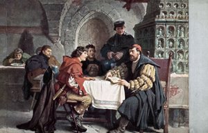 Martin Luther i samtale med studerende i Gasthof der Baren, Jena, Tyskland, marts 1522