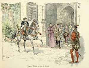 Illustration taget fra bogen "Histoire du chevalier Bayard" af Theodore Cahu, illustreret af Paul De Semant (1855-1915): Bayard 11 år før hertugen af Savoyen 1486 af Paul de Semant