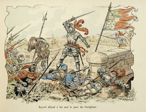 Illustration taget fra bogen "Histoire du chevalier Bayard" af Theodore Cahu, illustreret af Paul De Semant (1855-1915): Bayard forsvarer kun broen af Garigliano 1504 af Paul de Semant