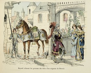 Illustration taget fra bogen "Histoire du chevalier Bayard" af Theodore Cahu, illustreret af Paul De Semant (1855-1915): Bayard nægtede gaver fra døtrene til en herre af Brescia 1512 af Paul de Semant