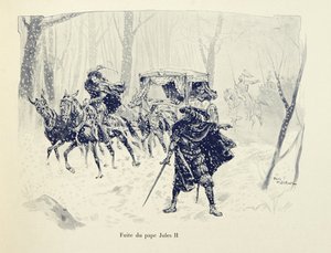 Illustration taget fra bogen "Histoire du chevalier Bayard" af Theodore Cahu, illustreret af Paul De Semant (1855-1915): Flight of Pope Julius II af Paul de Semant