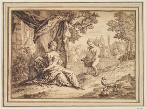 Kvinder siddende under søjle med Putto af Paul van Somer