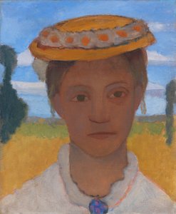 Kunstnerens søster Herma med en krans af tusindfryd på hatten, ca 1901. af Paula Modersohn Becker