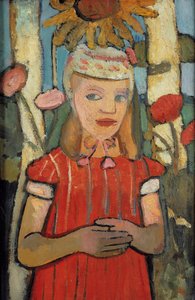 Pige i rød kjole foran solsikke, 1907. af Paula Modersohn Becker