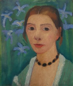 Selvportræt foran en grøn baggrund med en blå iris af Paula Modersohn Becker