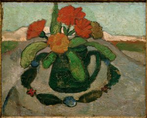 Stilleben med morgenfruer foran et landskab af Paula Modersohn Becker