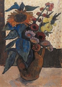 Stilleben med solsikker, stokroser og georginer. 1907 af Paula Modersohn Becker