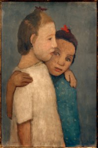 To piger i hvide og blå kjoler, der sidder på skolen. af Paula Modersohn Becker