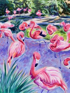 Rosa flamingoer i tropisk omgivelser