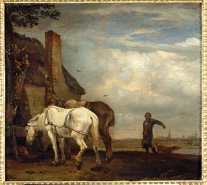 To arbejdsheste foran et bondehus ... af Paulus (attr.to) Potter