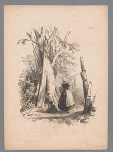 Landskab med en kvinde, der hænger vasketøjet op Landscape Studies af Paulus Lauters (serietitel) Nouvelle suite de 40 études de paysages af P. Lauters (serietitel) af Paulus Lauters (attributed to)