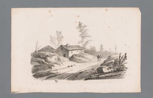 Bakket landskab med landevej og huse Principper for landskaber (serietitel) Principles de paysages (serietitel) af Paulus Lauters