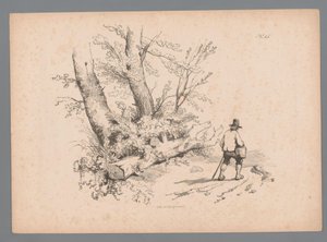 Landskab med træer og en mand med vandrestav og kurv Landscape Studies af Paulus Lauters (serietitel) Nouvelle suite de 40 études de paysages af P. Lauters (serietitel) af Paulus Lauters