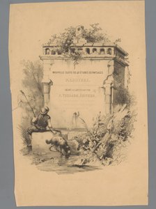 Mand med hund sidder på kanten af ​​et springvand Landscape Studies af Paulus Lauters (serietitel) Nouvelle suite de 40 études de paysages af P. Lauters (serietitel på objekt) af Paulus Lauters