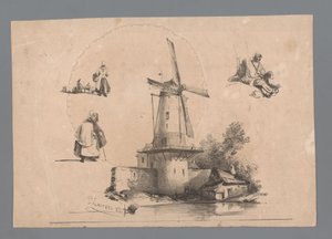 Mølle på vandet med tre figurstudier rundt omkring af Paulus Lauters