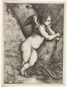 Amor funderer ved en træstamme af Paulus Moreelse