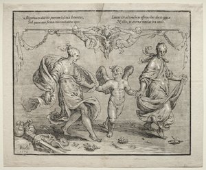 Amor danser med to allegoriske kvinder af Paulus Moreelse