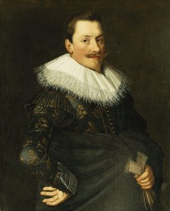 Portræt af en herre, stående i halv længde, iført et blåt kostume med guldbroderi og en hvid blondekrave, af Paulus Moreelse