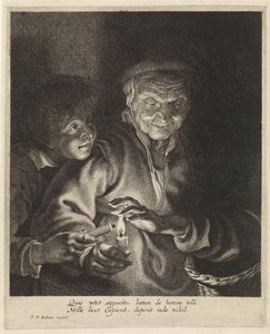 Gammel kvinde og dreng med stearinlys af Paulus Pontius