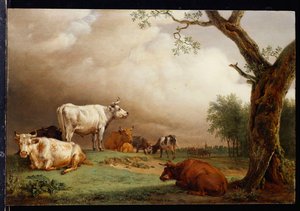 Kvæg på en mark, med rejsende i en vogn på et spor udenfor og et kirketårn i det fjerne, en regnstorm nærmer sig, 1652 af Paulus Potter