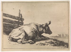 Liggende ko ved et hegn The Bullen-hæftet (serietitel) af Paulus Potter
