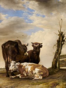 To køer og en ung tyr ved siden af et hegn på en eng af Paulus Potter