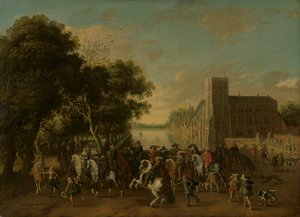Prins Maurits, ledsaget af Prins Frederik Hendrik, Frederik V af Bøhmen og hans Hustru Elizabeth Stuart m.fl., på Buitenhof, Haag