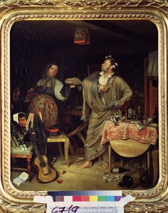 ""Jeg er en rytter! (eller morgenen for den nyudsmykkede officer) (Frisk Cavalier (morgen hvor en bureaukrat modtager sit første kors) En soldat i morgenkåbe bærer sin medalje stolt i den rodede lejlighed. Maleri af Pavel Fedotov (18) af Pavel Andreevich Fedotov