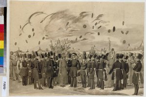 Storhertug Michael Pavlovich (1798-1849) besøger lejren for det finske kejserlige garderegiment (eller Finliandski garderegiment), 8. juli 1837. (Storhertug Mikhail Pavlovich besøger lejren for det finske livgarderegiment den 8. juli af Pavel Andreevich Fedotov