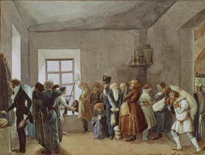 Politikommissærernes receptionslokale natten før en ferie, 1837 af Pavel Andreevich Fedotov