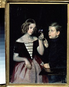 ""Portræt af de to Gerbin-børn, der overvejer en sommerfugl"" Maleri af Pavel Fedotov (1815-1852) Circa 1851 State Russian Museum, Sankt Petersborg af Pavel Andreevich Fedotov