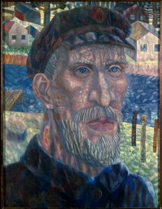 Medlem af en kolkhoz. (Medlem af Kolkhoz). Portræt af en landmand i USSR, i perioden med kollektiviseringspolitik, ledet af Joseph Stalins (Stalins) regering (Joseph Vissarionovich Djougachvili dit) (1879-1953), fra 1928 til 1940. Maleri af Pawel Nikolajewitsch Filonow