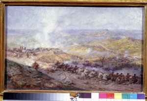 En scene fra den russisk-tyrkiske krig (1876-1878) (En scene fra den russisk-tyrkiske krig). Slagmarken på Balkan, hvor soldaterne fra den russiske hær og Det Osmanniske Rige støder sammen, under belejringen af ​​Pleven (eller Plevna, i Bulgarien), i 1877.