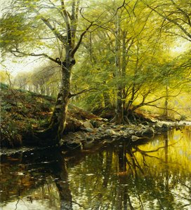Et skovklædt flodlandskab af Peder Monsted