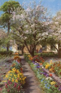 P.Mönsted, blomstrende have om foråret