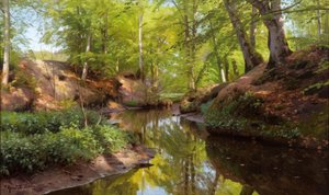 P.Mönsted, solskinsdag ved skovbækken af Peder Monsted