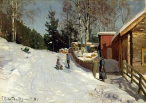 Børn leger på snedækkede landsbygade af Peder Monsted