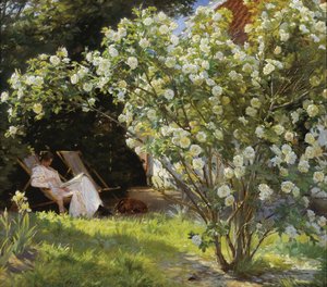 Roser. Marie Krøyer siddende i liggestolen i haven ved fru Bendsens hus af Peder Severin Krøyer