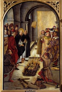 Saint Dominique and the Albigeois (Le Miracle des Fanjeaux): helgenen giver albigeerne bogen, der modbeviser deres kætteri, og albigeerne forsøger at brænde den, uden held. Maleri af Pedro Berruguete (1450-1504). 16. århundrede søn. 1,22 x 0,83 m Madrid,