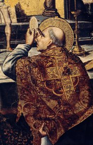 Eukaristien (Helgenen rejser sig værten, et kristent symbol på Kristi legeme). Detalje af altertavlen til Gregor I. Messe, kaldet den Store eller Dialog (540-604) Pave i 590. Maleri af Pedro BERRUGUETE (1450-1504). Renæssancemaleri, Catal af Pedro Berruguete
